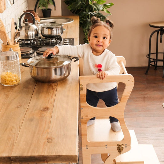 Wood and Hearts Eco-Friendly Wooden Convertible Kids' Kitchen Tower Step Stool Table and Chair