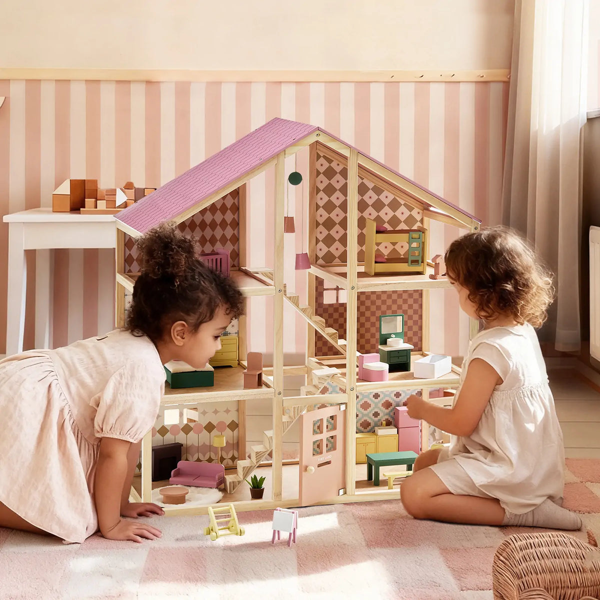 Tiny Land® Sweetwood Pegasus Wooden Dollhouse with Doll Family – 31-Piece Furniture Set & Stroller, Ages 3+