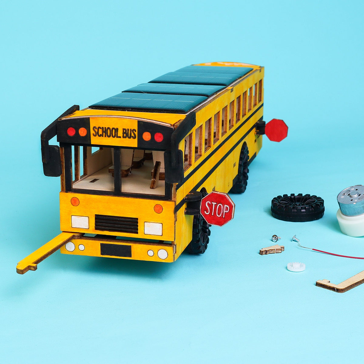 Kitsville Dual Power School Bus DIY Kit – Wooden STEM Building Kit for Kids
