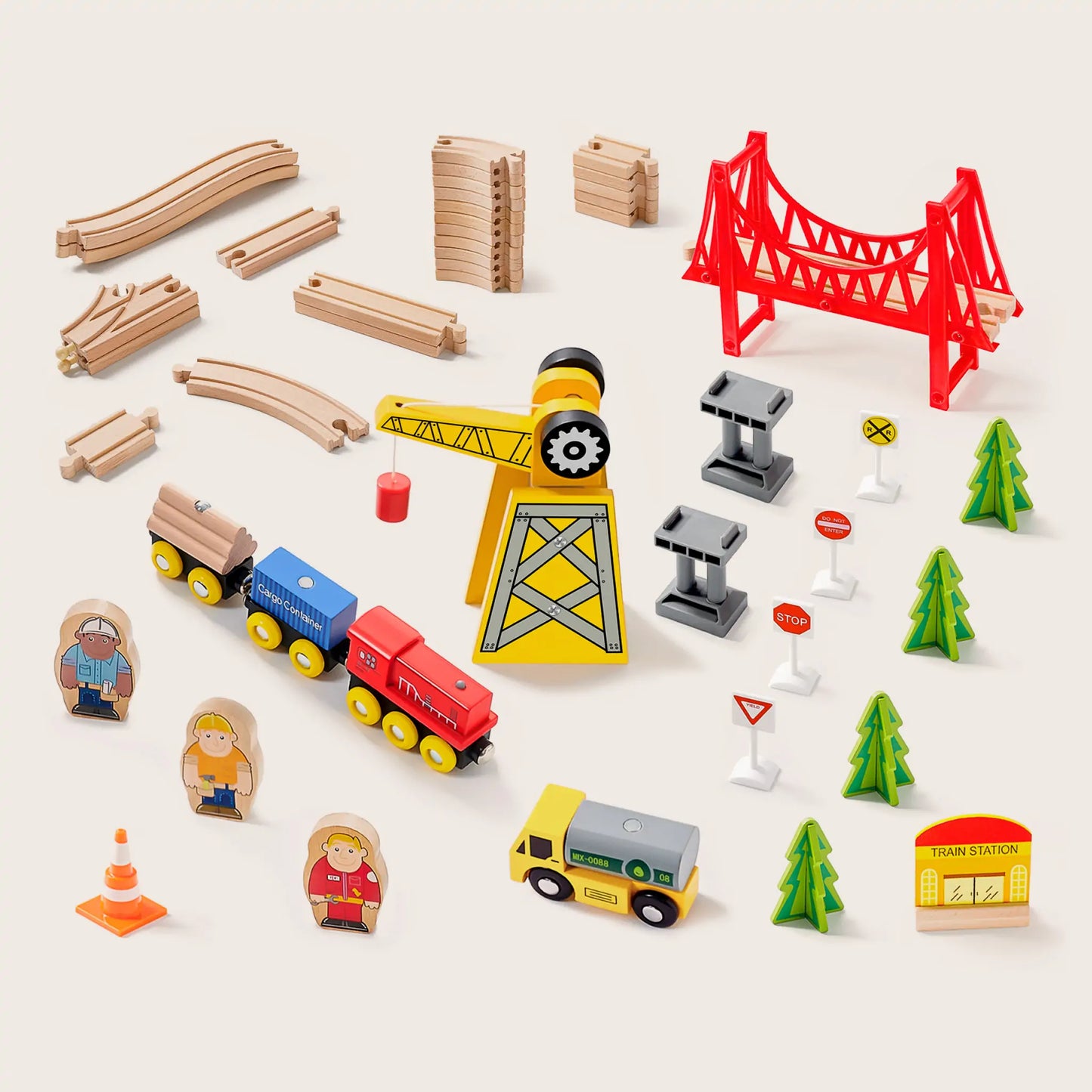 Tiny Land® Eco-Friendly Wooden Track Trains 55 Pcs