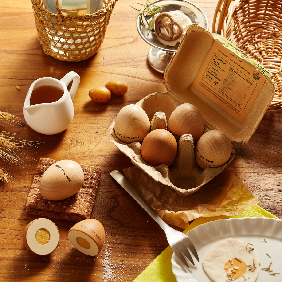 Tiny Land® Wooden Egg Combo Playset – 6 Beech Wood Play Eggs with Carton & Cloth Yolk, Pretend Play Food, Ages 3+