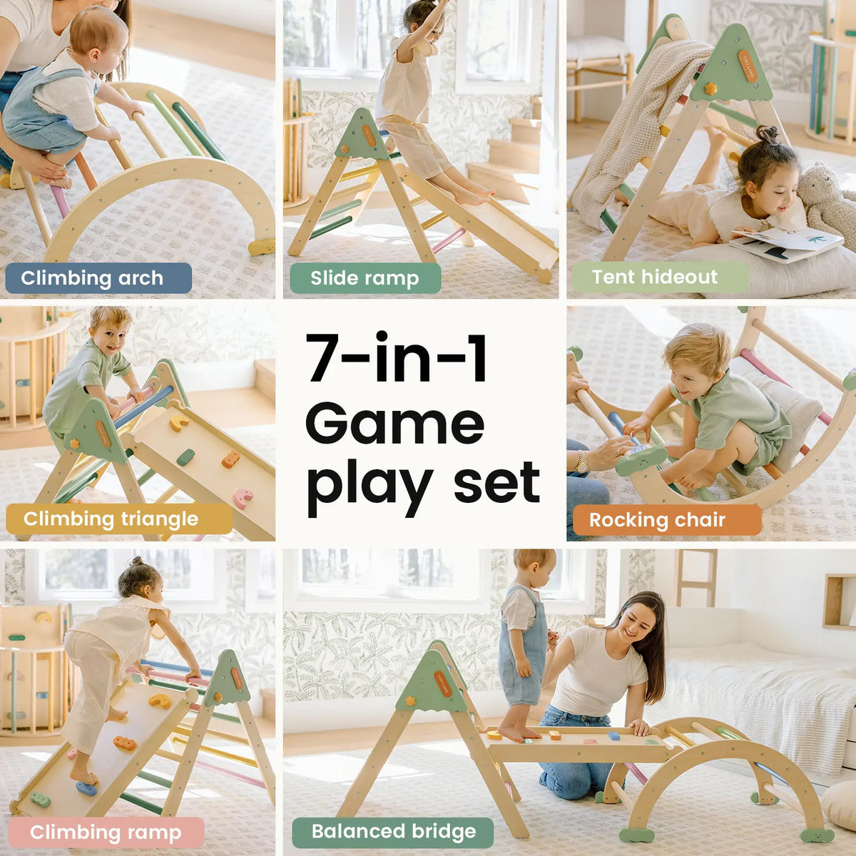 Tiny Land 7-in-1 Morandi Pikler Triangle Set – Foldable Wooden Montessori Climber