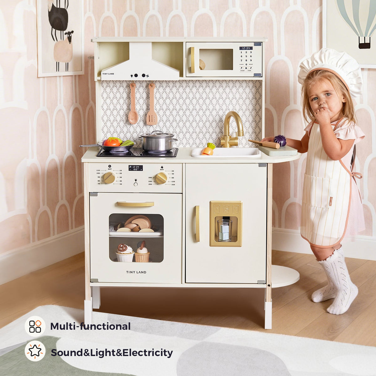 Tiny Land® PopJoy Wooden Play Kitchen with Lights & Sounds, Adjustable Height, Accessories Included – Ages 3–7