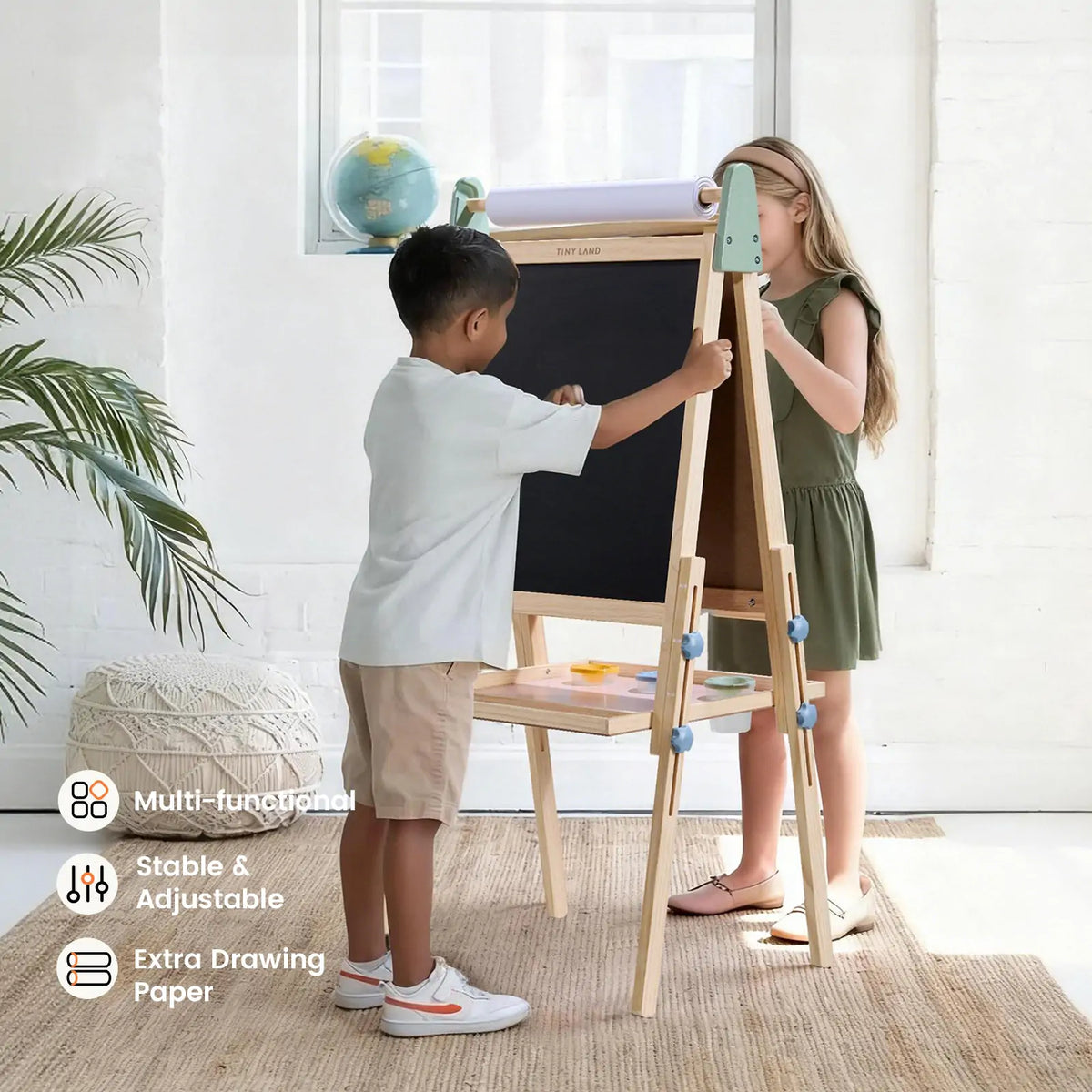 Tiny Land 3-in-1 Kids Art Easel – Chalkboard, Magnetic Whiteboard & Paper Roll