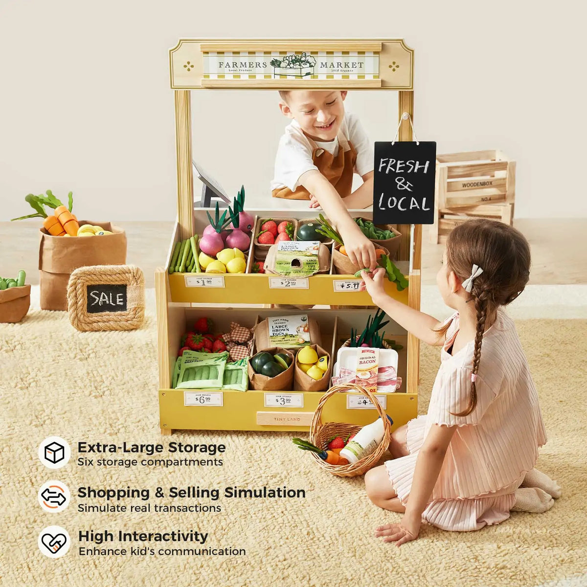 Tiny Land Wooden Grocery Store Playset – Kids' Pretend Play Market Stand