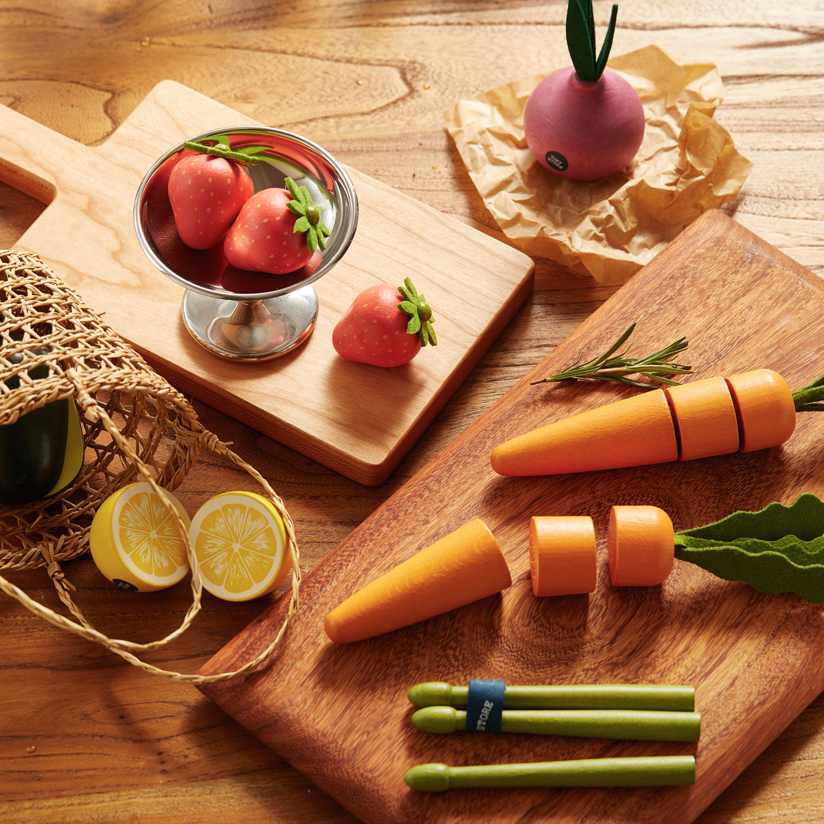 Tiny Land Fruit & Veggie Play Food Set – Wood, Felt & Cotton Pretend Food