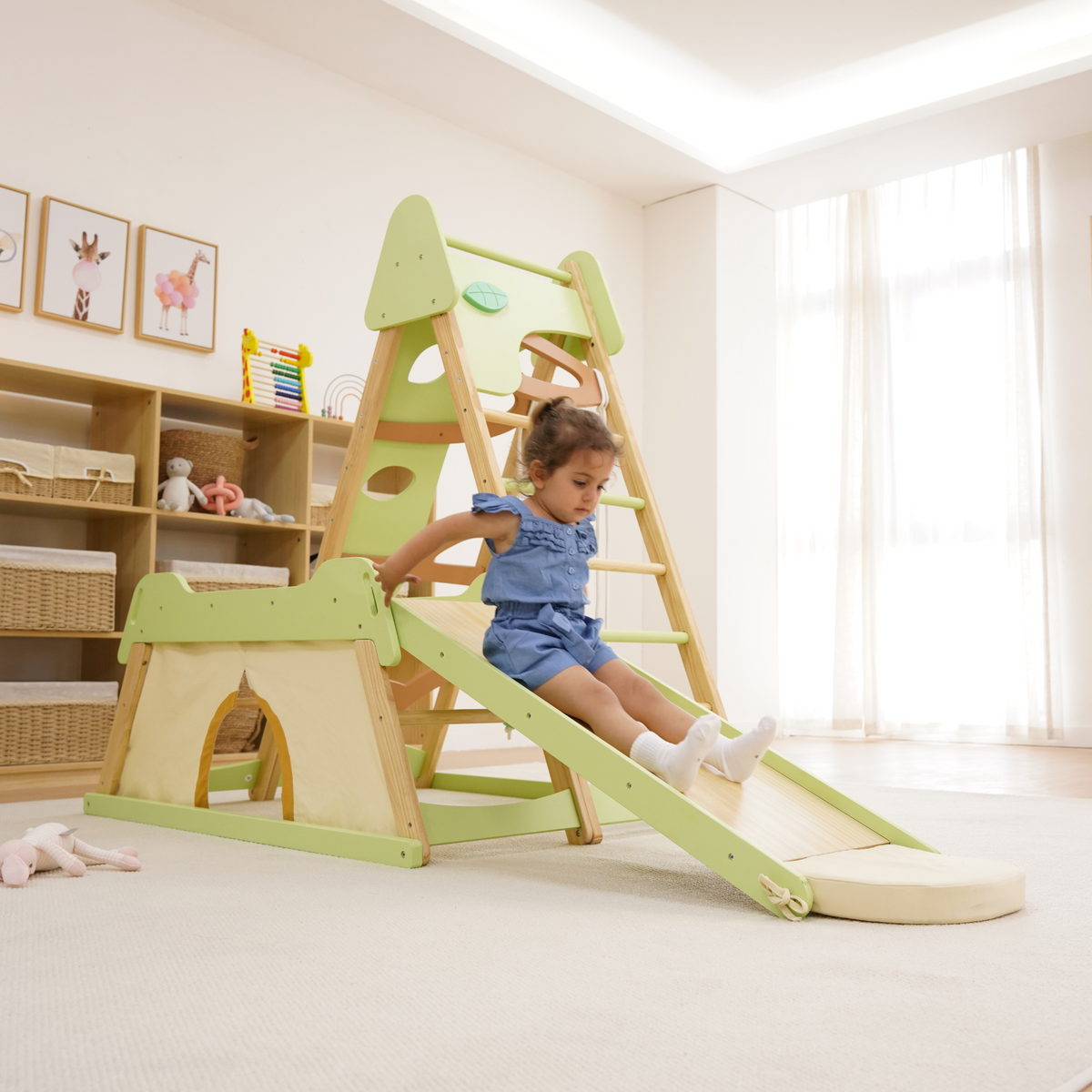 Avenlur Bush 6-in-1 Wooden Indoor Jungle Gym – Montessori Toddler Climber with Slide, Rock Wall & Swing