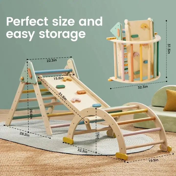 Tiny Land 7-in-1 Morandi Pikler Triangle Set – Foldable Wooden Montessori Climber