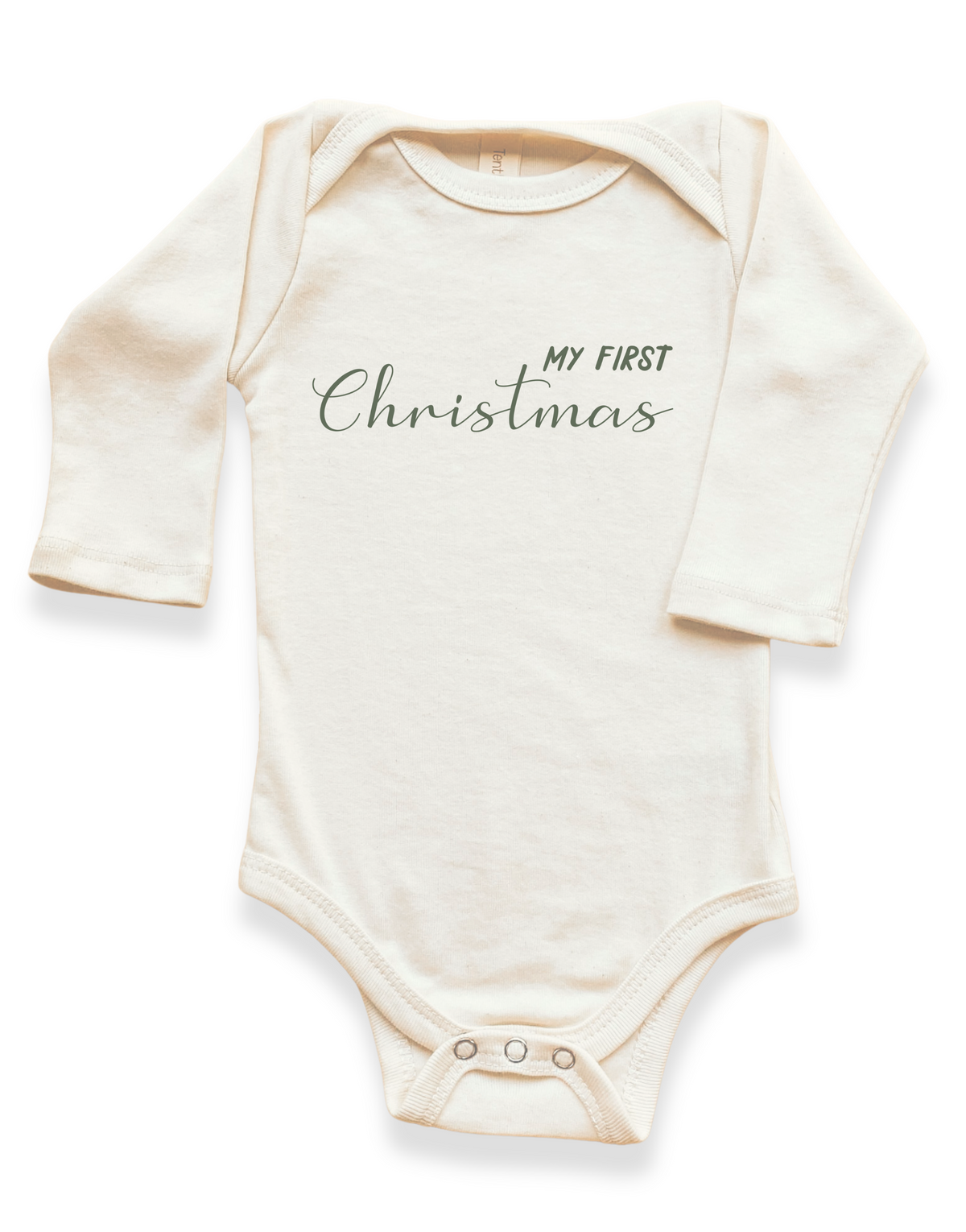 My First Christmas Organic Cotton Baby Bodysuit – Long Sleeve, Red or Olive, 0–24M
