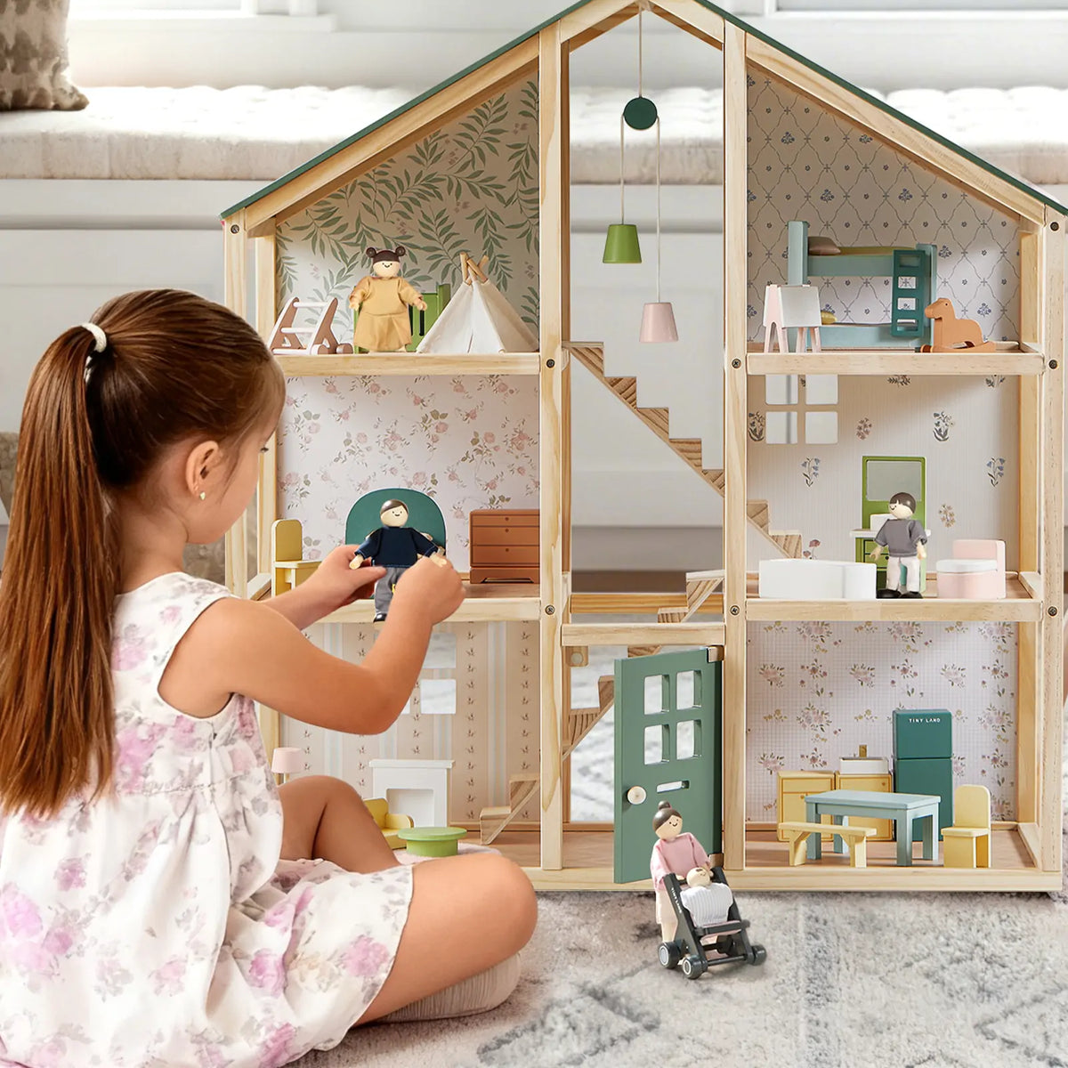 Tiny Land® Sweetwood Evergreen Wooden Dollhouse with Doll Family – 31-Piece Furniture Set & Stroller, Ages 3+