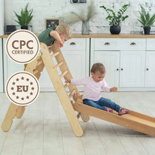 Load image into Gallery viewer, Goodevas Montessori Natural Wood Climbing Pikler Triangle &amp; Slide Set | Indoor Playground for Kids 1-7 Years
