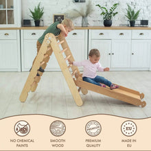 Load image into Gallery viewer, Goodevas Montessori Natural Wood Climbing Pikler Triangle &amp; Slide Set | Indoor Playground for Kids 1-7 Years
