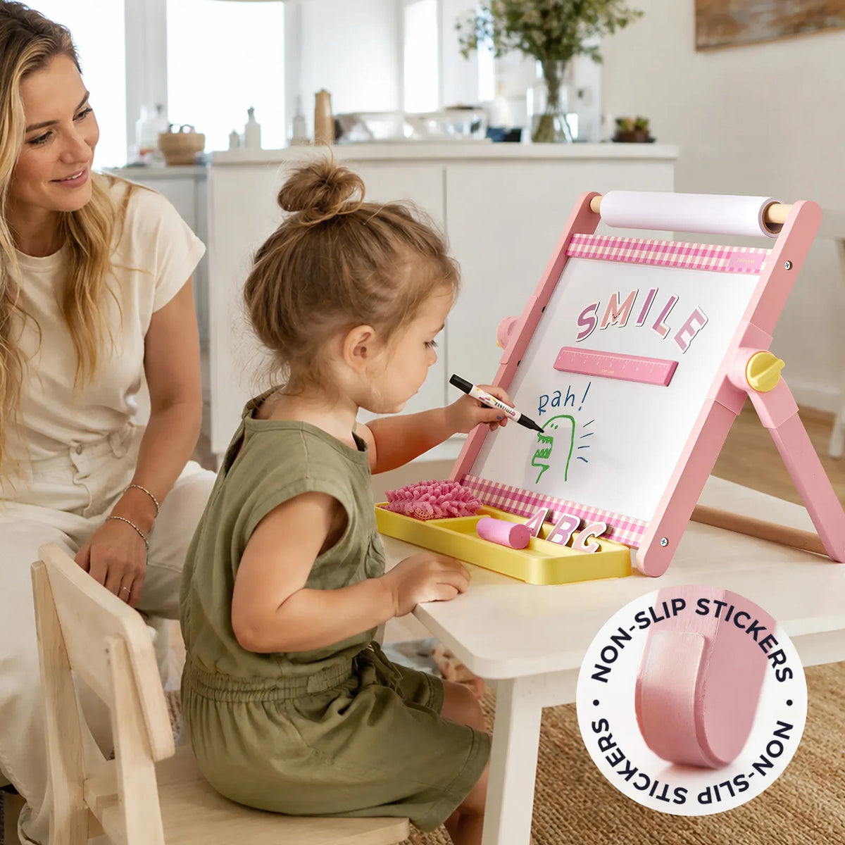 Tiny Land® Double-Sided Magnetic Tabletop Easel – Whiteboard, Chalkboard & Paper Roll with Letter Magnets, Ages 3+