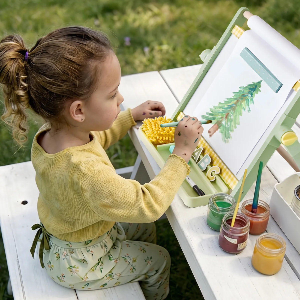 Tiny Land® Double-Sided Magnetic Tabletop Easel – Whiteboard, Chalkboard & Paper Roll with Letter Magnets, Ages 3+