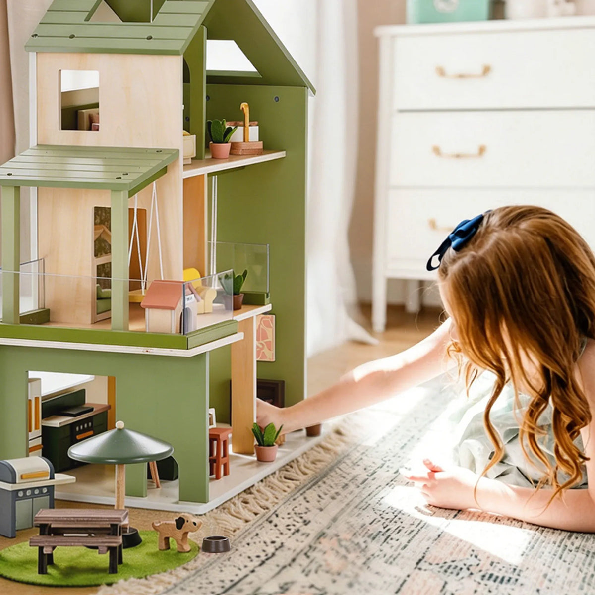 Tiny Land® Sweetwood Edge Wooden Dollhouse with Furniture – 3-Story 1:12 Scale Dollhouse, Green or Pink, Ages 3+