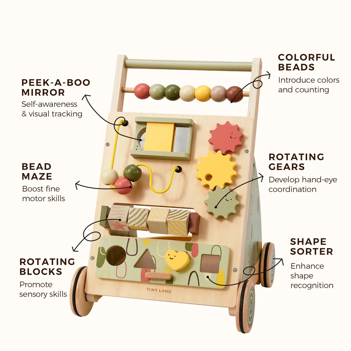 Tiny Land Sage Green Wooden Baby Walker – Push Walker with Activity Center
