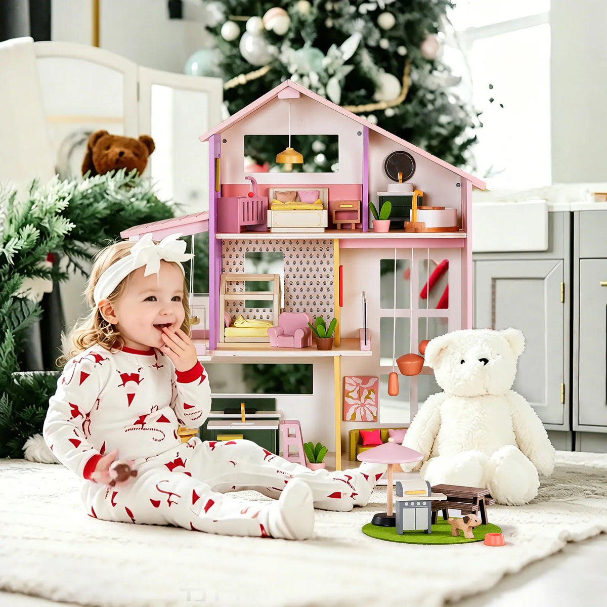 Tiny Land® Sweetwood Edge Wooden Dollhouse with Furniture – 3-Story 1:12 Scale Dollhouse, Green or Pink, Ages 3+