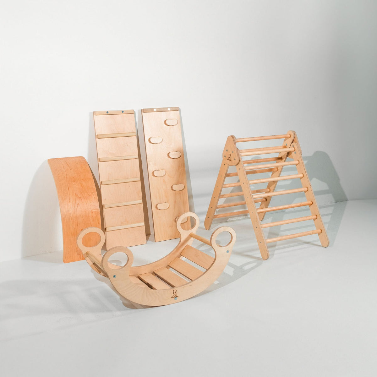 Bunny Hopkins Complete Home Adventure Playset – Pikler Triangle, 2 Ramps, Climbing Arch and Wobble Board, Made in the USA