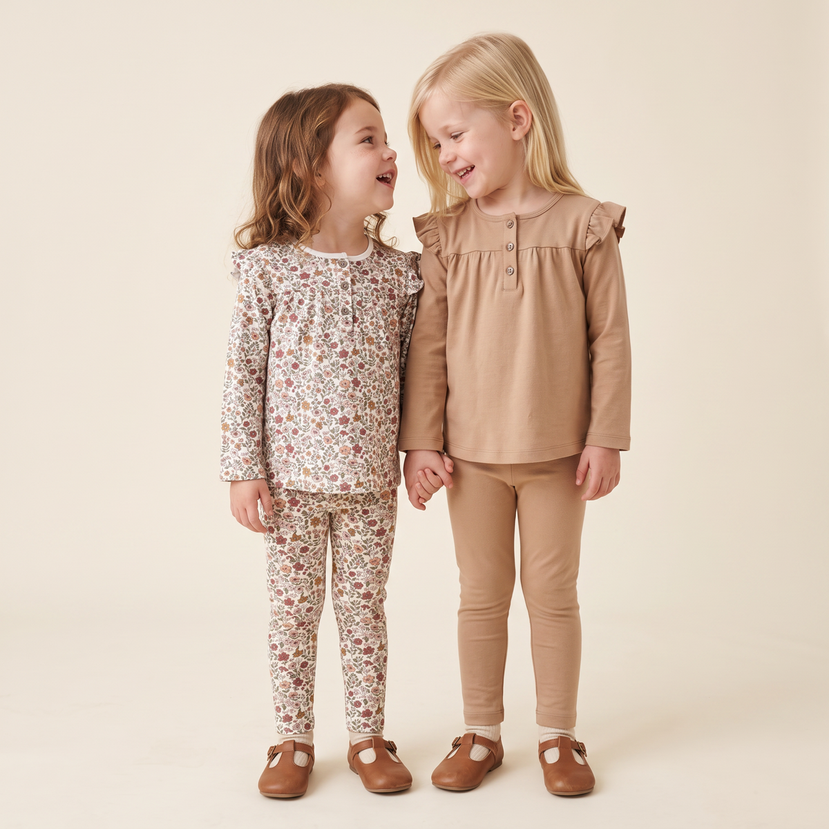 Organic Cotton Ruffle Long Sleeve Tops, Set of 2 for Babies & Toddlers – Woodland Sprig + Taupe