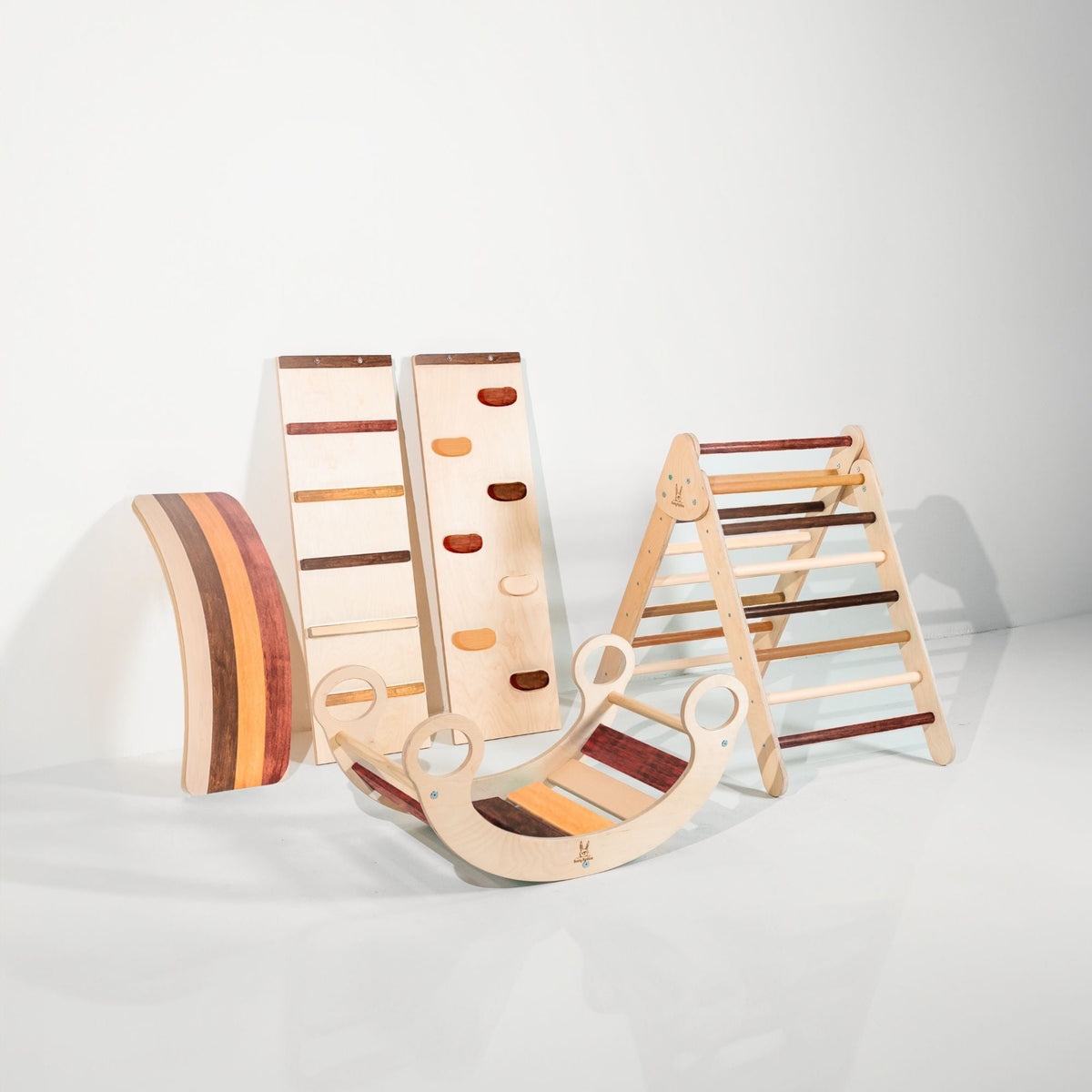 Bunny Hopkins Complete Home Adventure Playset – Pikler Triangle, 2 Ramps, Climbing Arch and Wobble Board, Made in the USA