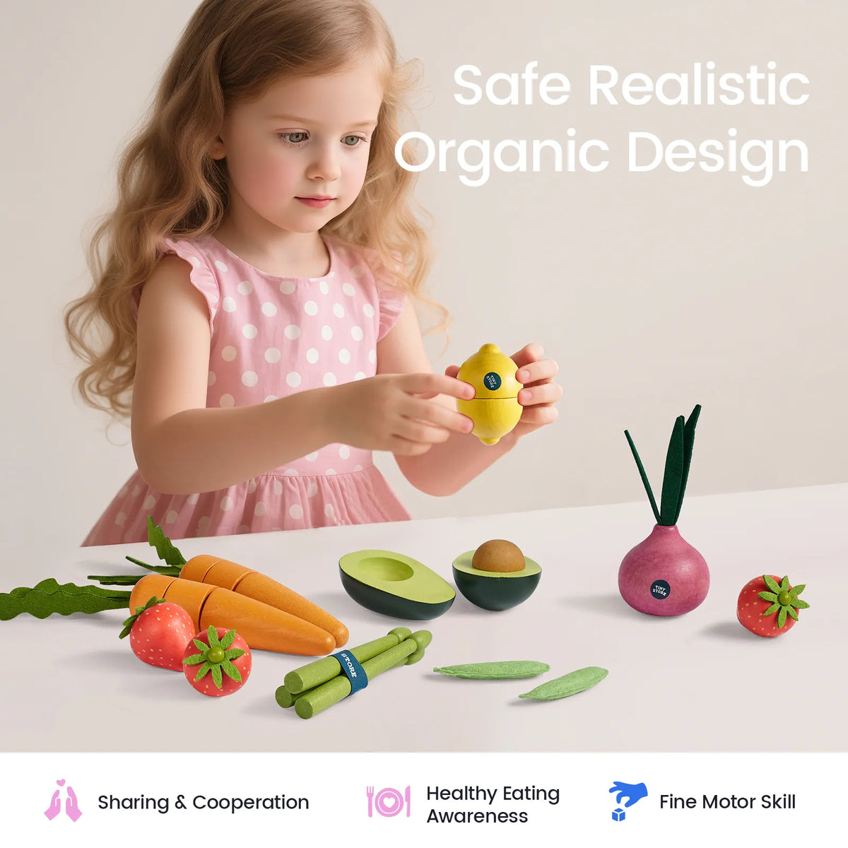 Tiny Land Fruit & Veggie Play Food Set – Wood, Felt & Cotton Pretend Food