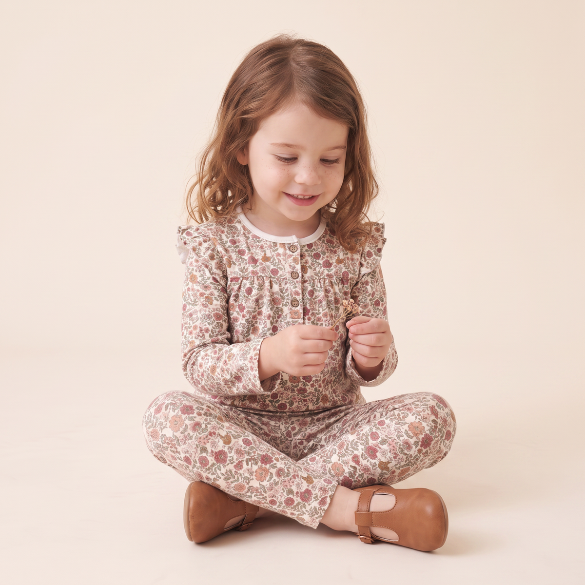 Organic Cotton Ruffle Long Sleeve Tops, Set of 2 for Babies & Toddlers – Woodland Sprig + Taupe