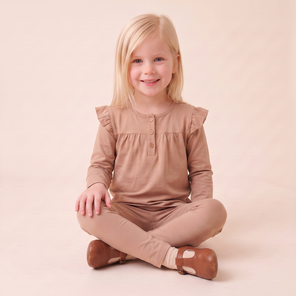 Organic Cotton Ruffle Long Sleeve Tops, Set of 2 for Babies & Toddlers – Woodland Sprig + Taupe