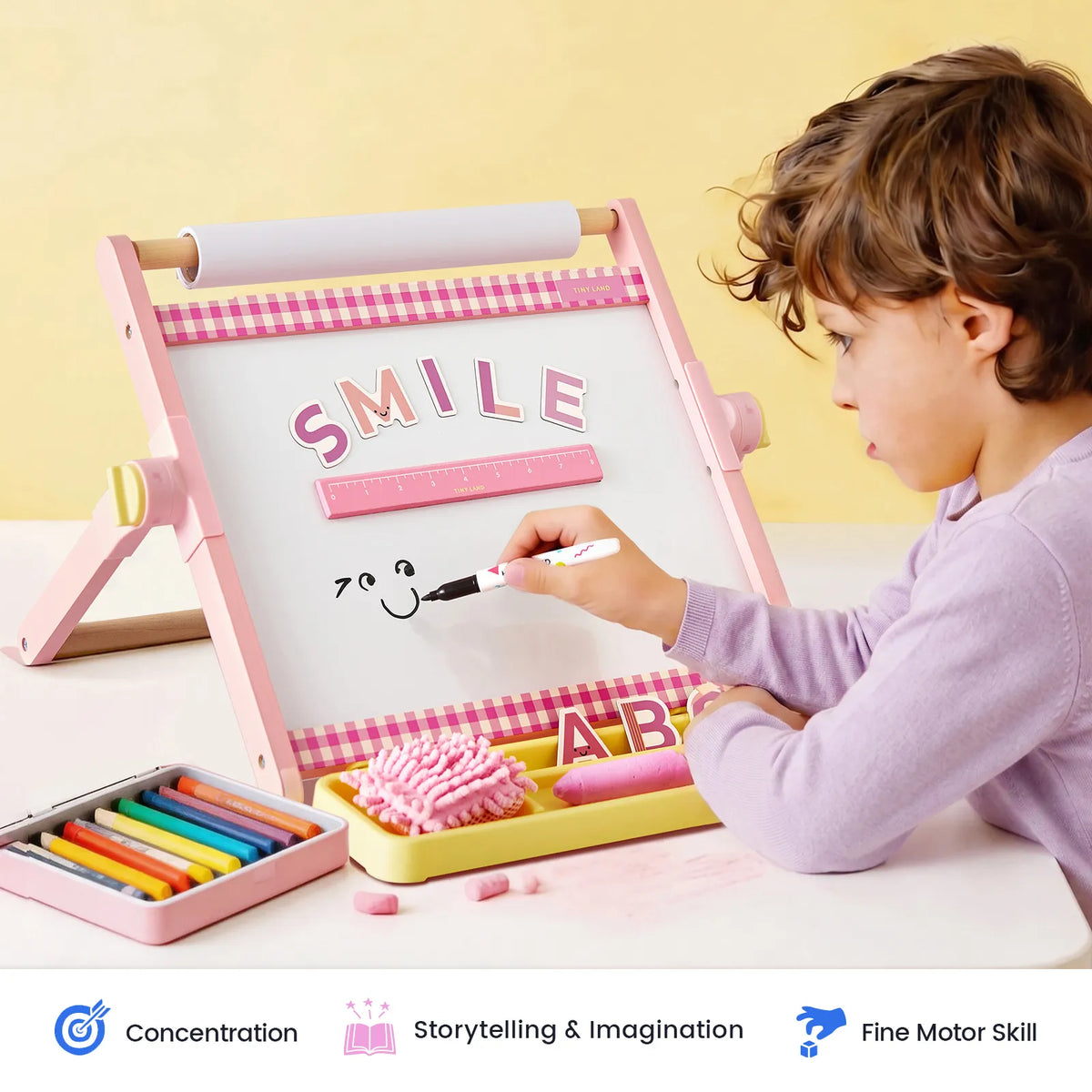 Tiny Land® Double-Sided Magnetic Tabletop Easel – Whiteboard, Chalkboard & Paper Roll with Letter Magnets, Ages 3+