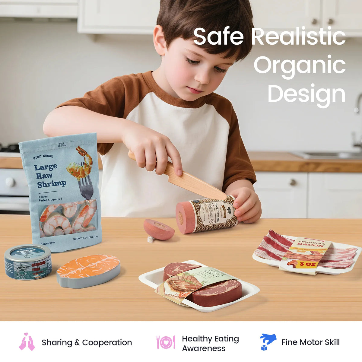 Tiny Land Meat & Seafood Play Food Set – Wood & Fabric Pretend Food