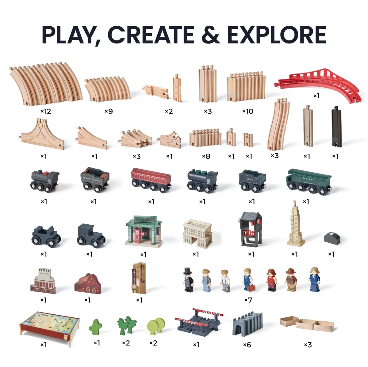 Tiny Land 1920 Railway Adventure Wooden Train Table – 102-Piece Train Set with Storage