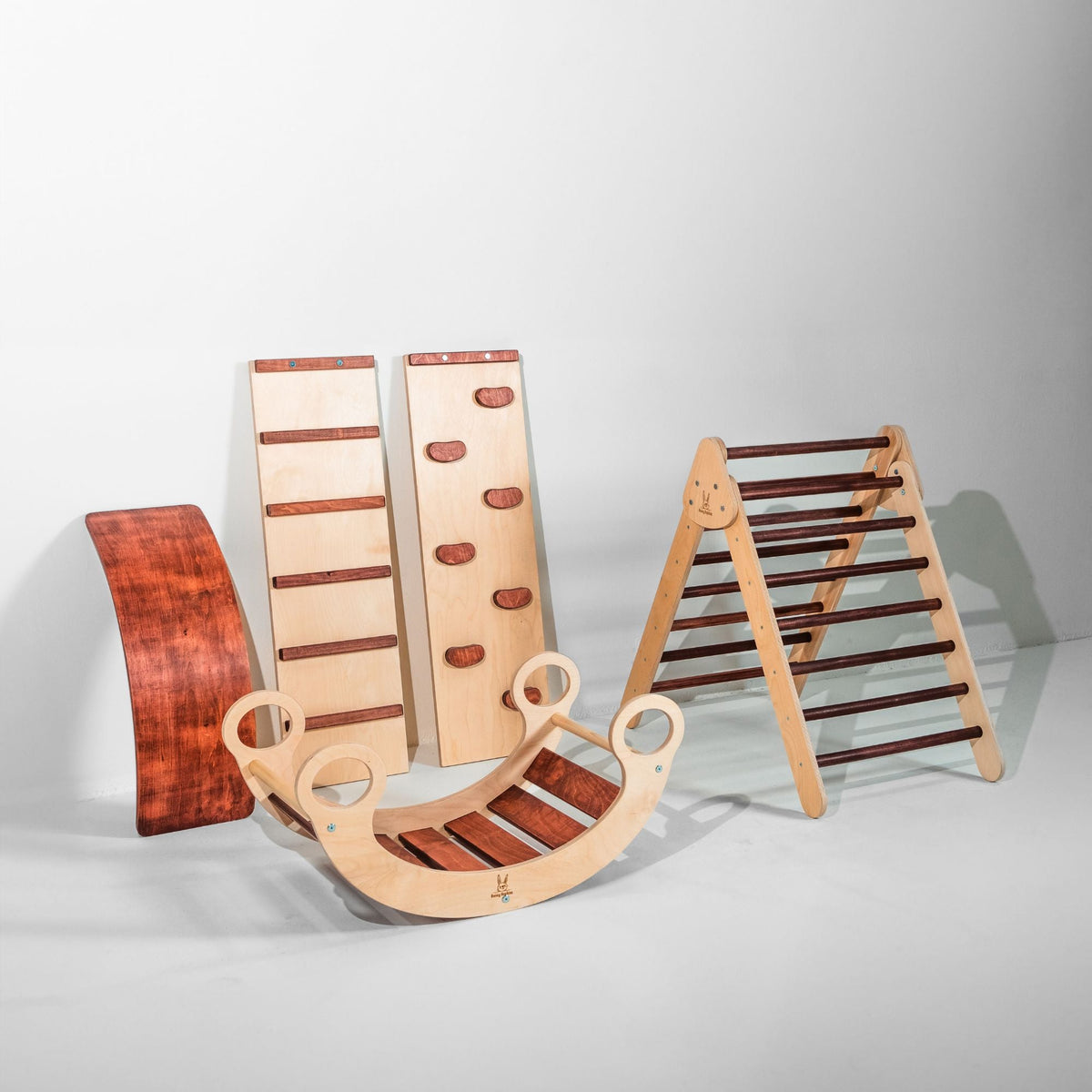 Bunny Hopkins Complete Home Adventure Playset – Pikler Triangle, 2 Ramps, Climbing Arch and Wobble Board, Made in the USA