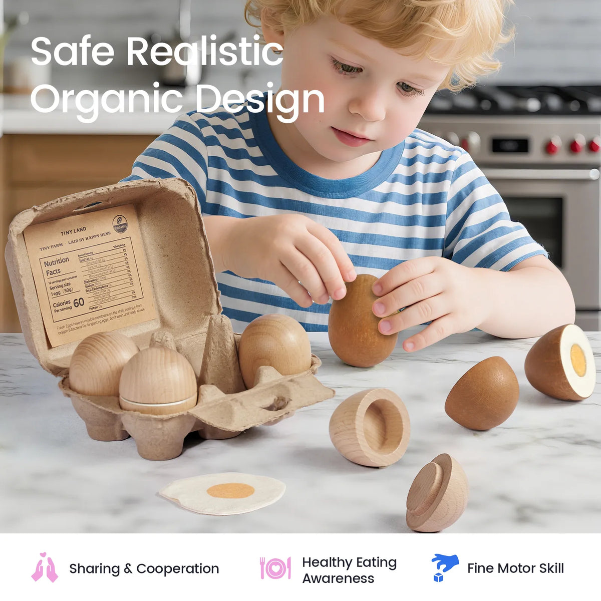 Tiny Land® Wooden Egg Combo Playset – 6 Beech Wood Play Eggs with Carton & Cloth Yolk, Pretend Play Food, Ages 3+