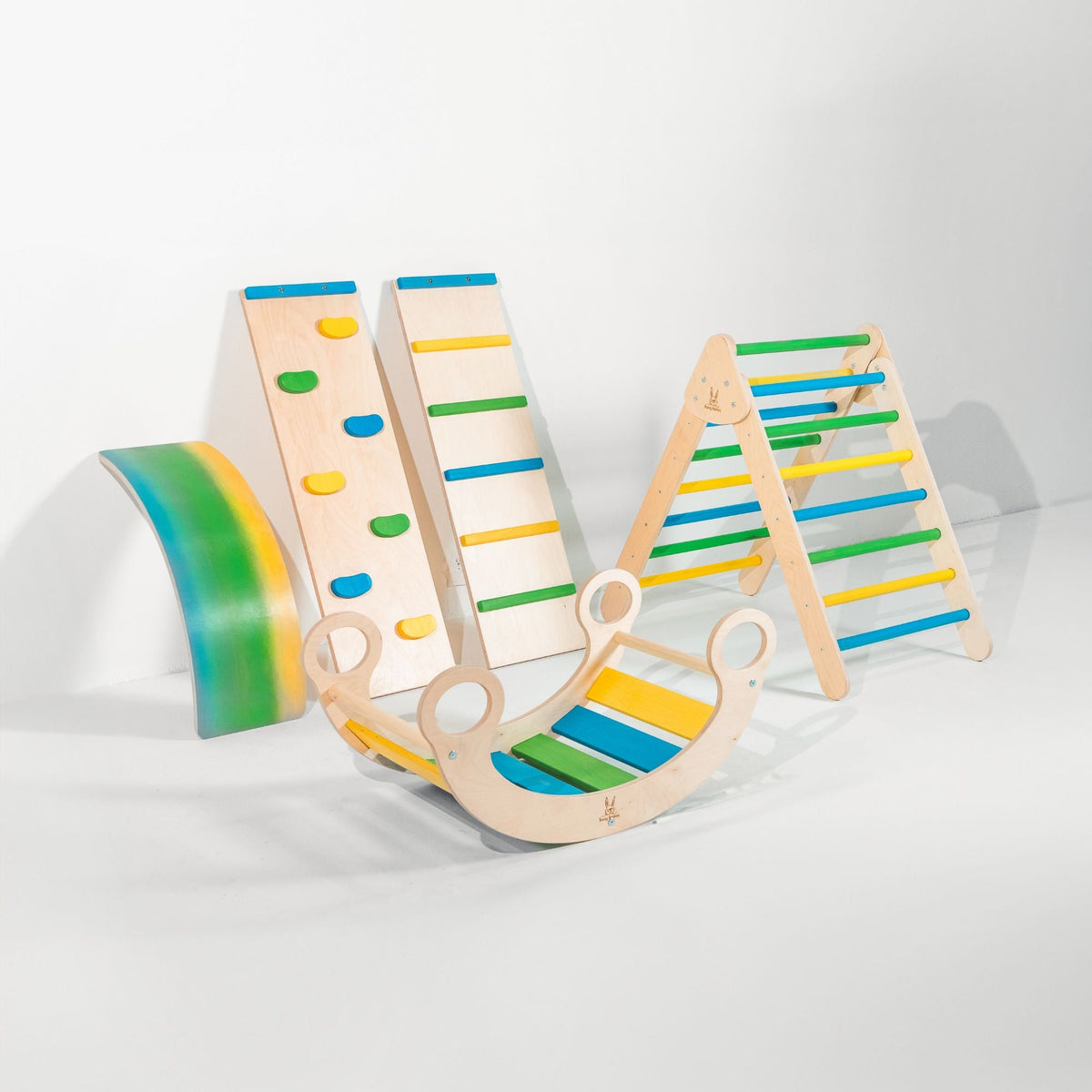 Bunny Hopkins Complete Home Adventure Playset – Pikler Triangle, 2 Ramps, Climbing Arch and Wobble Board, Made in the USA