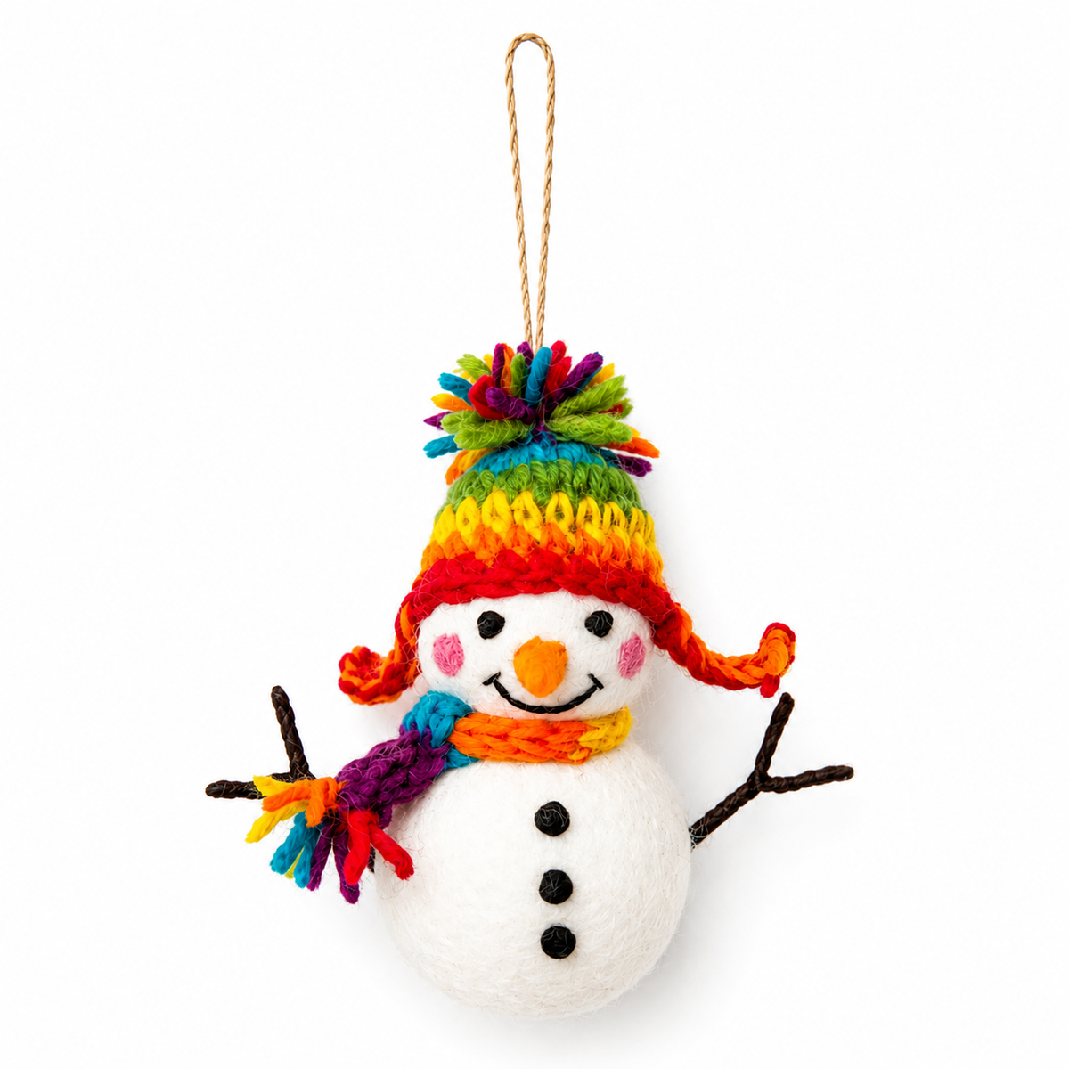 Snowman Ornament with Woven Hat – Handmade Wool Felt Holiday Decor