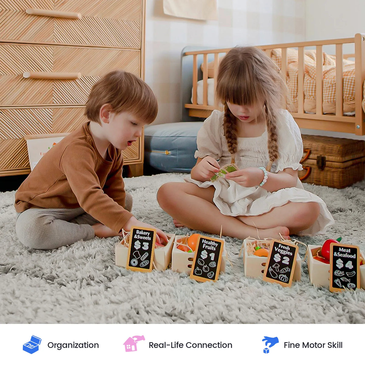 Tiny Land® Wooden Play Food Set & Wooden Rack – 30+ Pretend Play Kitchen Accessories with Price Cards & Menu, Ages 3+