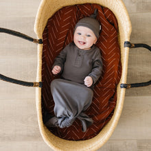 Load image into Gallery viewer, smiling baby wearing organic cotton ribbed pajama knotted gown and knot hat
