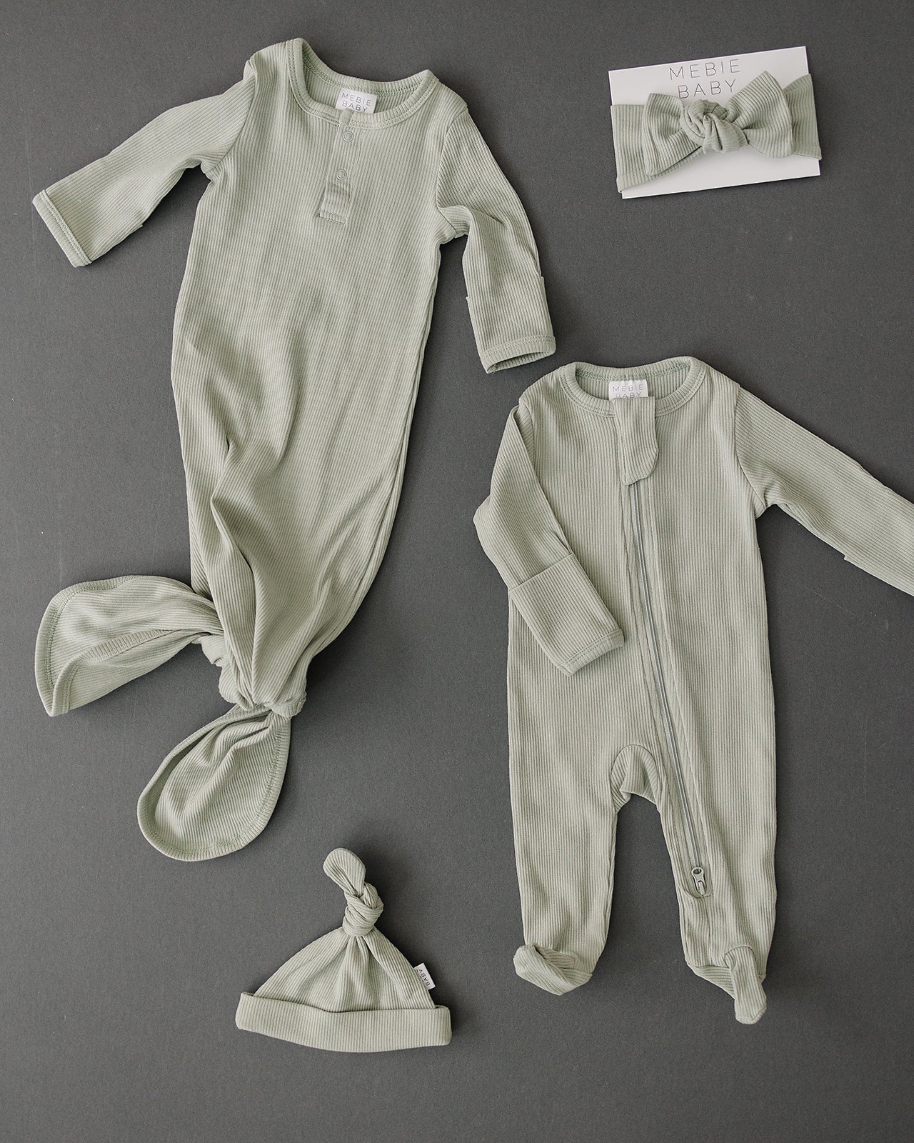 Mebie Baby Sage Organic Cotton Ribbed Zipper Footed Onesie Pajamas