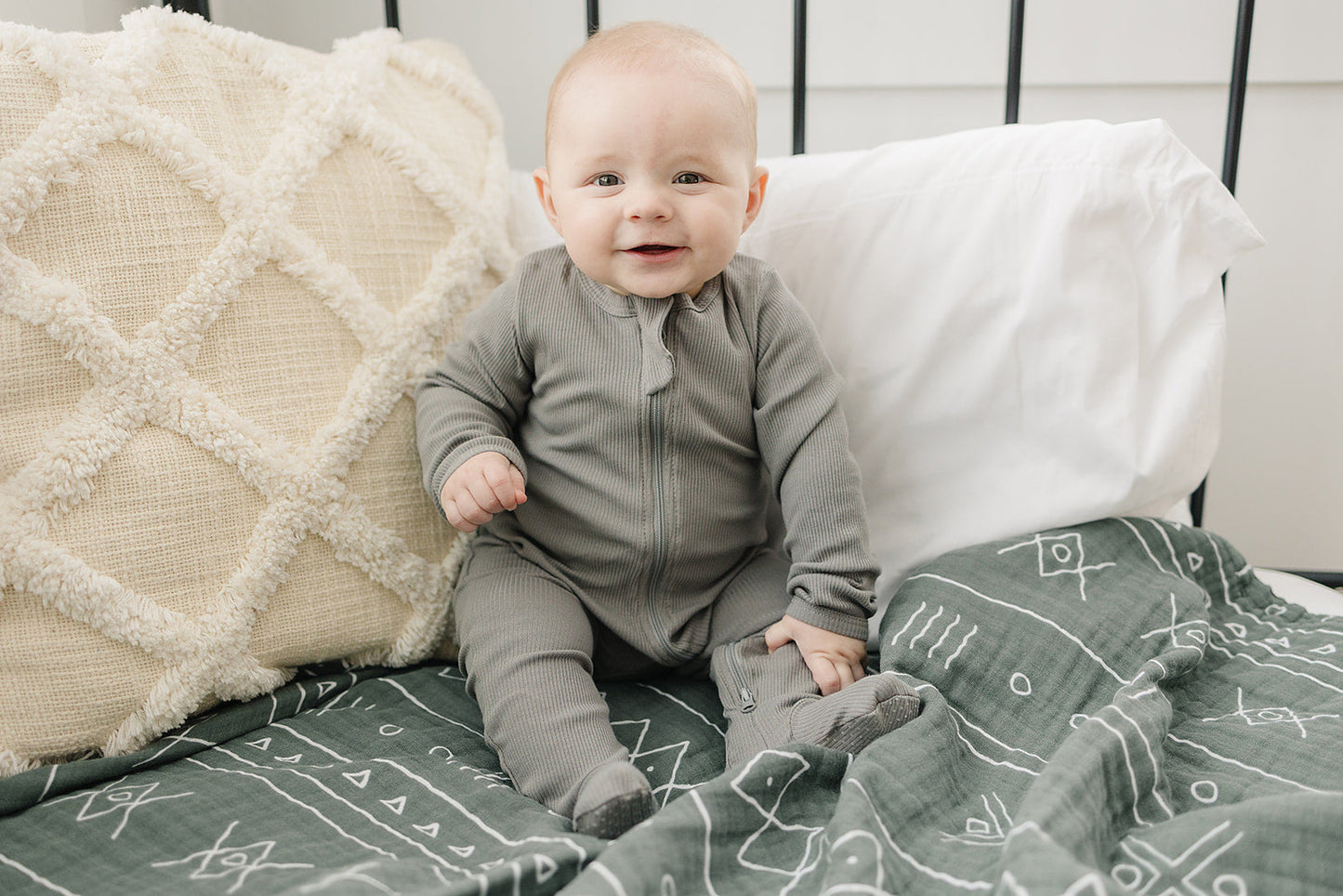 Mebie Baby Organic Cotton Ribbed Zipper Footed Pajamas Onesie | Grey
