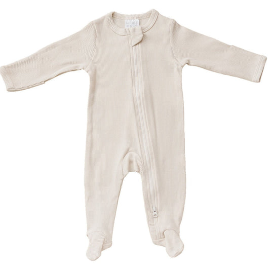 Mebie Baby Vanilla Organic Cotton Ribbed Zipper Footed Onesie Pajamas
