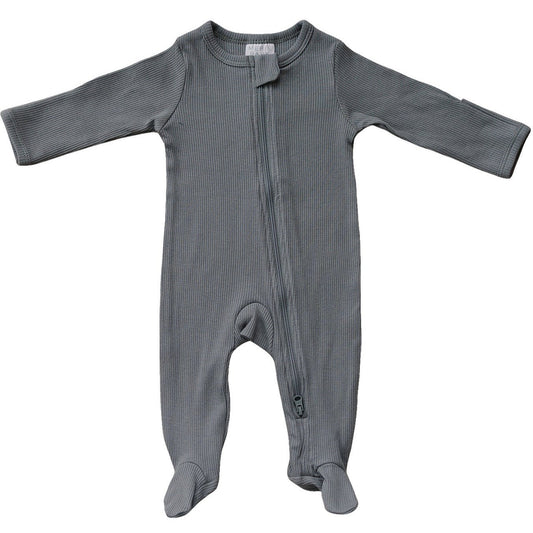 Mebie Baby Organic Cotton Ribbed Zipper Footed Pajamas Onesie | Grey