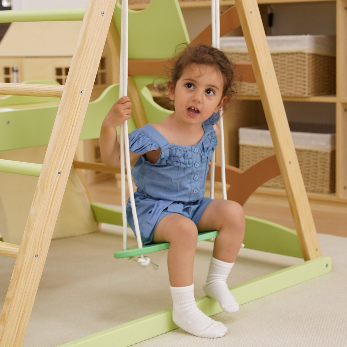 Avenlur Bush 6-in-1 Wooden Indoor Jungle Gym – Montessori Toddler Climber with Slide, Rock Wall & Swing