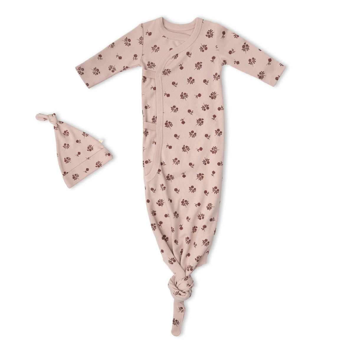 Organic Cotton Kimono Knotted Newborn Gown & Hat Set – Rosebud