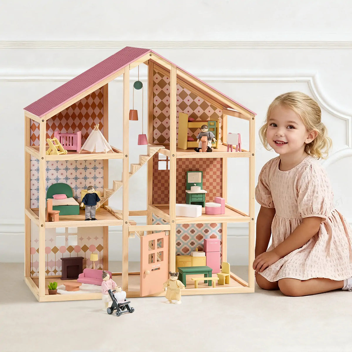 Tiny Land® Sweetwood Pegasus Wooden Dollhouse with Doll Family – 31-Piece Furniture Set & Stroller, Ages 3+
