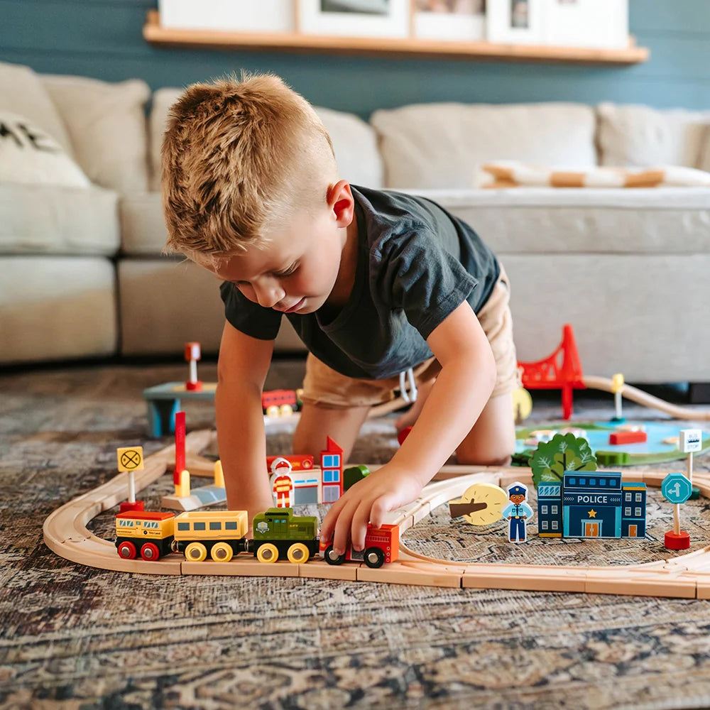 Tiny Land® Eco-Friendly Wooden Train Set 110 Pcs