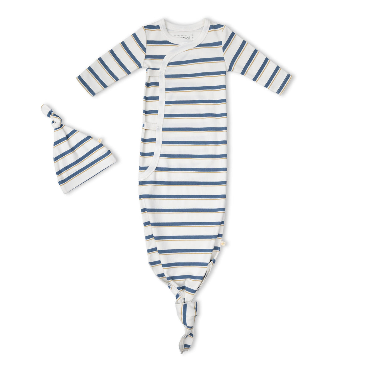 Organic Cotton Kimono Knotted Newborn Gown & Hat Set – Navy Stripe