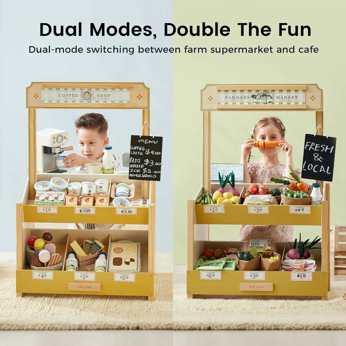 Tiny Land Wooden Grocery Store Playset – Kids' Pretend Play Market Stand