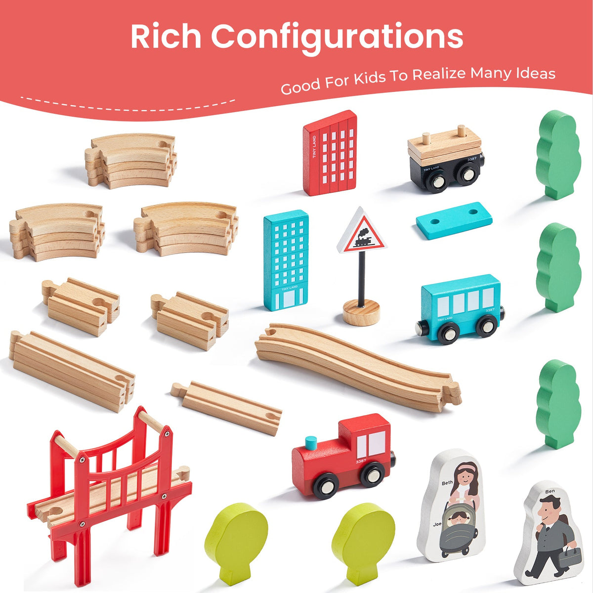 Tiny Land Wooden Train Set for Kids – 39, 55 or 110 Pieces