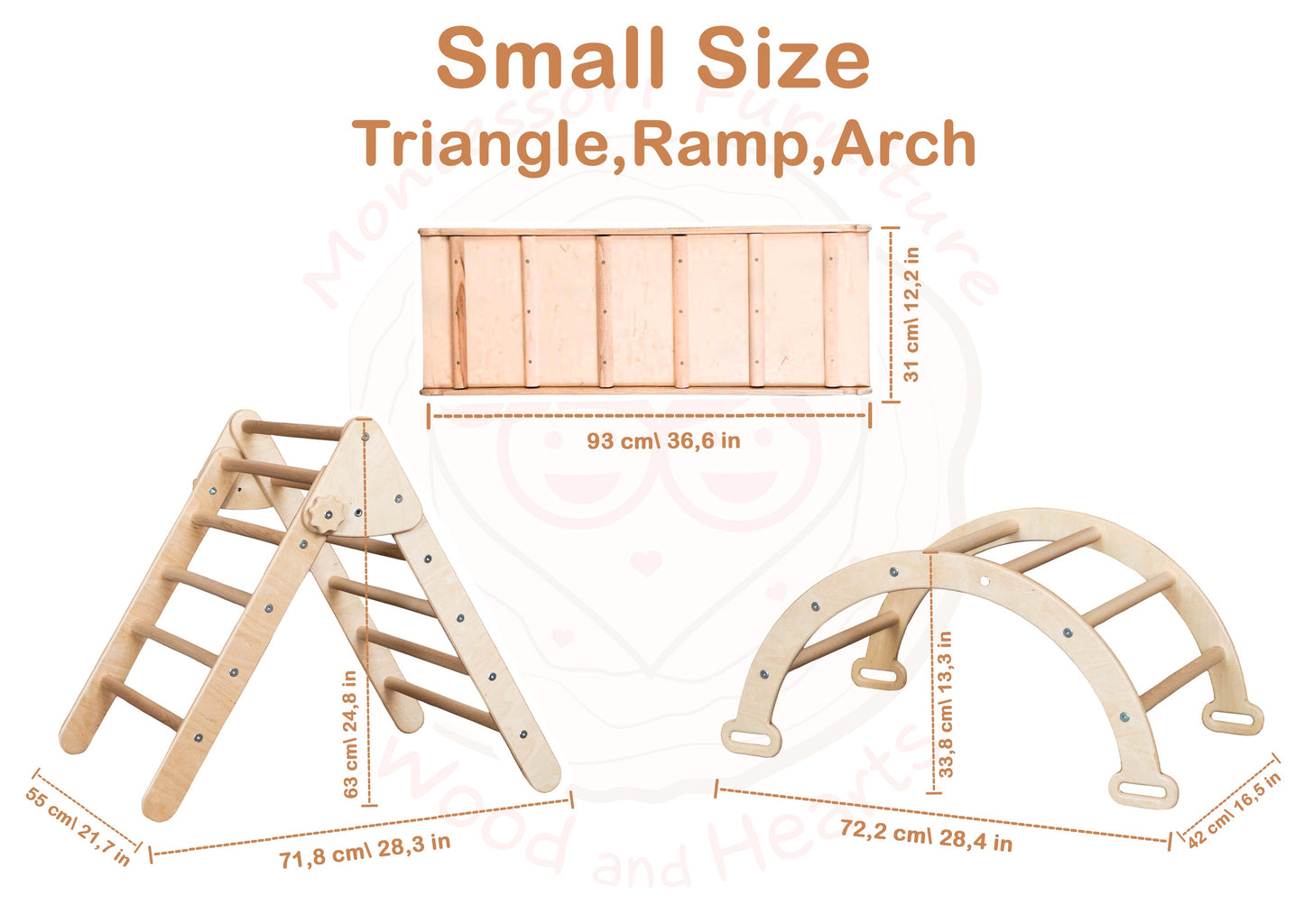 Wood and Hearts Eco-Friendly Wooden Montessori Climbing 3-in-1 Set | Foldable Triangle, Climbing Arch, Rocker Board
