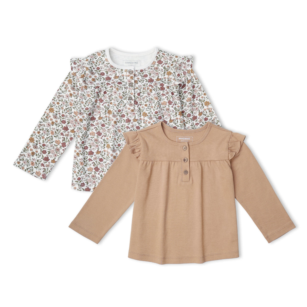 Organic Cotton Ruffle Long Sleeve Tops, Set of 2 for Babies & Toddlers – Woodland Sprig + Taupe