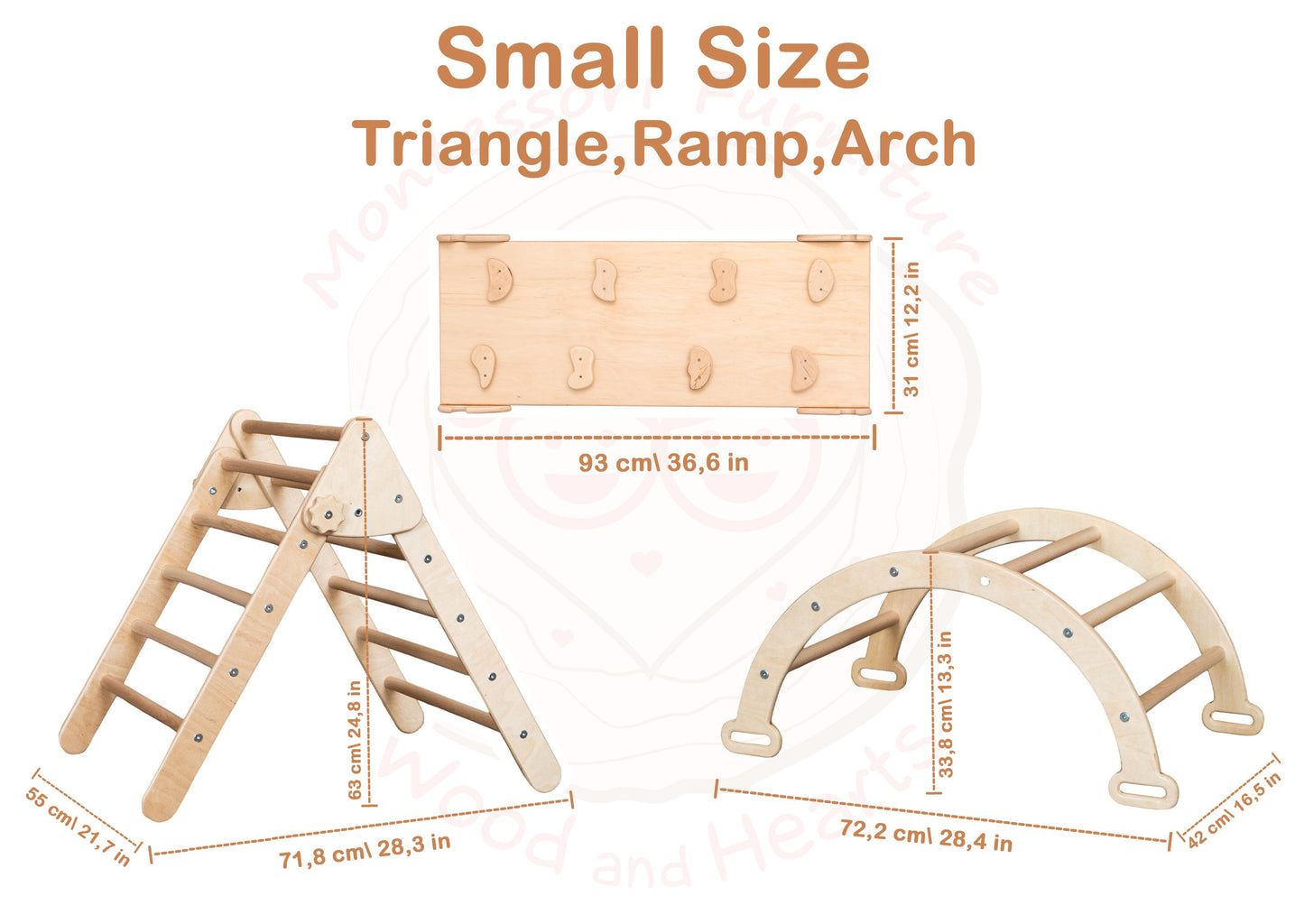 Wood and Hearts Eco-Friendly Wooden Montessori Climbing 3-in-1 Set | Foldable Triangle, Climbing Arch, Rocker Board